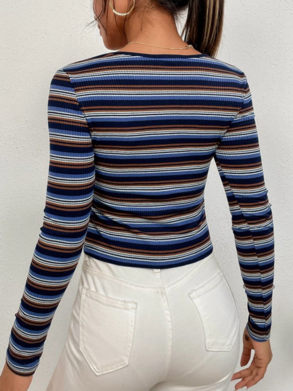 SHEIN Blue & Brown Striped V-Neck Long Sleeve Top - Picture 2 of 6